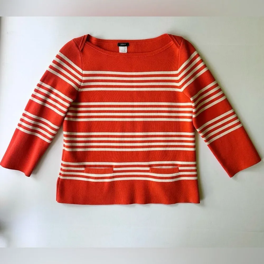 J. Crew Boatneck Popover Sweater in Orange Knit w/ Cream Stripes Pockets Size S